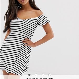ASOS Petite Stripe Off Shoulder Skater Mini Dress